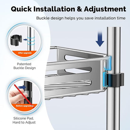 HAMITOR Corner Shower Caddy Tension Pole: Quick Installation 4-Tier Rustproof Bathroom Organizer Shelves for Bathtub Shampoo Storage - 47-121 inch Adjustable Floor Standing Bath Rack Holder - Silver