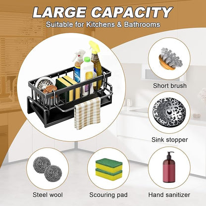 Kitchen Sink Caddy Sponge Holder, Stainless Steel Sink Organizer Rack for Kitchen, Self-Draining Sponge Caddy, Home Sink Accessories for Steel Wool Scrubber,Soap,Dish Brush,Scrubber