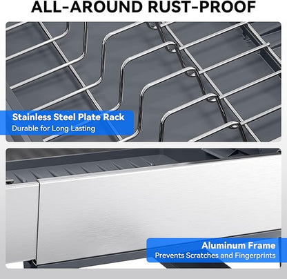 Expandable Dish Drying Rack, Stainless Steel Dish Rack with Aluminum Frame, Dish Drainer for Kitchen Counter, Space Saving Kitchen Drying Rack with Movable Utensil Holder,Gray