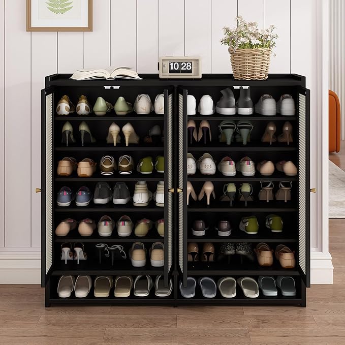 Bamboo Shoe Cabinet, 8-Tier Shoe Storage Cabinet with Doors, Freestanding Bamboo Shoe Rack Organizer with Shelves for Entryway, Hallway, Closet, Living Room