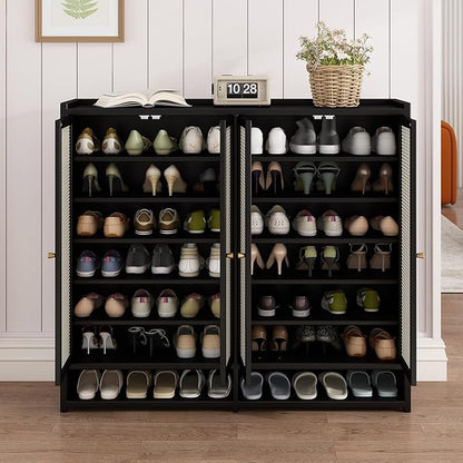 Bamboo Shoe Cabinet, 8-Tier Shoe Storage Cabinet with Doors, Freestanding Bamboo Shoe Rack Organizer with Shelves for Entryway, Hallway, Closet, Living Room