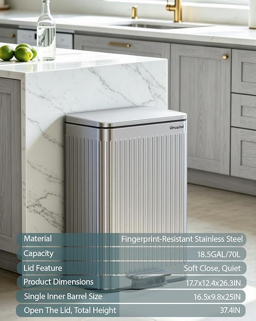 Lovewind Kitchen Trash Can, 18.5 Gallon / 70L Large Kitchen Garbage Can with Soft Close Lid – Pet Resistant, Removable Inner Bucket, Stainless Steel Trash Bin Perfect for Big Families, Silver
