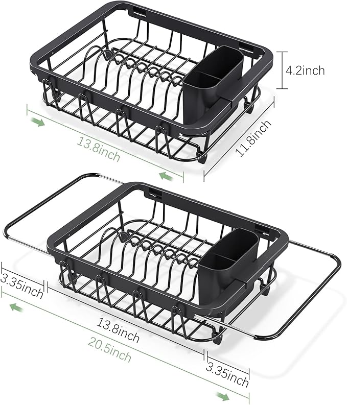 Urackify Expandable Dish Drying Rack Over The Sink, Adjustable Dish Rack in Sink, Rustproof Dish Drainer for Kitchen Counter, Dish Strainer with Utensil Holder (Black, Standard)