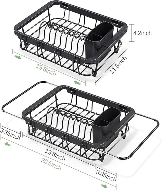 Urackify Expandable Dish Drying Rack Over The Sink, Adjustable Dish Rack in Sink, Rustproof Dish Drainer for Kitchen Counter, Dish Strainer with Utensil Holder (Black, Standard)