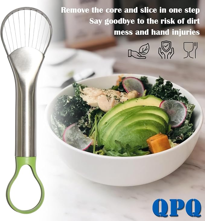 QPQ 2-in-1 Avocado Slicer & Pitter, Stainless Steel Kitchen Tool with Wire End for Scooping, Loop End for Pit Removal, Dishwasher Safe，Stainless Steel Avocado Slicer