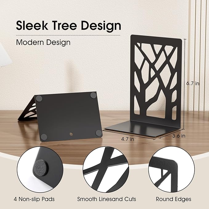 MaxGear Book Ends Tree Design Modern Bookends for Shelves, Non-Skid Book Holder, Heavy Duty Metal Book Storage for Books/CDs, Decorative Book Stopper for Home, 7 x 4.7 x 3.5”, Black,2 Pair/4 Pieces