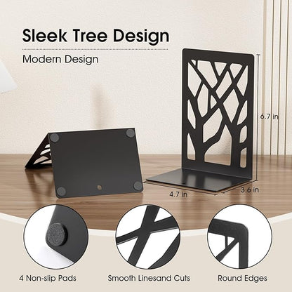 MaxGear Book Ends Tree Design Modern Bookends for Shelves, Non-Skid Book Holder, Heavy Duty Metal Book Storage for Books/CDs, Decorative Book Stopper for Home, 7 x 4.7 x 3.5”, Black,2 Pair/4 Pieces