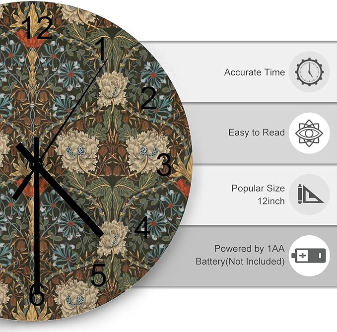 William Morris Wall Clock, Vintage Art Garden Plants Herbs Flower Wall Clocks Battery Operated Silent Non Ticking Round Wooden Clocks for Kitchen Bathroom Living Room 12 Inch