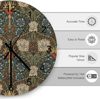 William Morris Wall Clock, Vintage Art Garden Plants Herbs Flower Wall Clocks Battery Operated Silent Non Ticking Round Wooden Clocks for Kitchen Bathroom Living Room 12 Inch