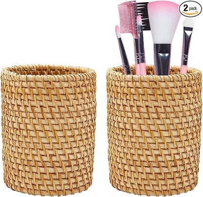 2 Pack Rattan Pencil Holder for Desk Handmade Pen Organizer Bucket Boho Desk Accessories Pen Cup Holder Aesthetic Holder for Desk Cute