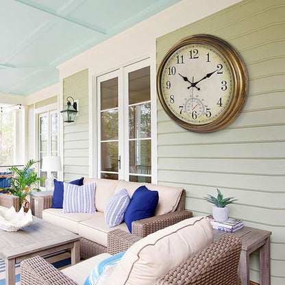 16 Inch Large Outdoor Clock, Waterproof Wall Clock with Thermometer, Battery Operated Silent Non-Ticking Vintage Wall Clock Quartz Round Clock Home Decor,Brown