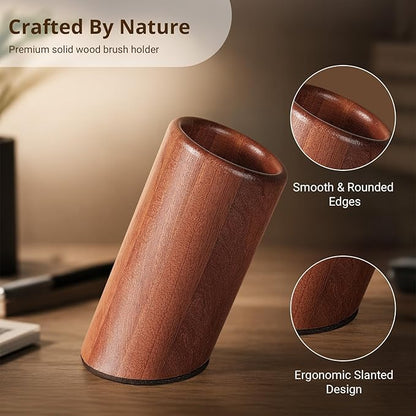 walowalo Pen Holder Natural Wooden Pencil Holder for Desk, Angled Design Makeup Brush Holder Pencil Cup, Multiple-Use Marker Holder Desktop Stationary Organizer for Office, Home, School