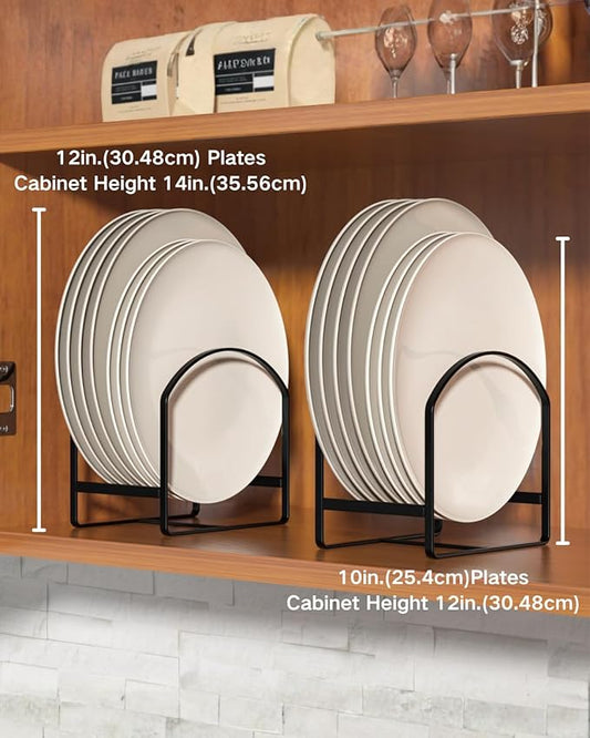 LINFIDITE 2 Pack Kitchen Plate Holder Organizer for Cabinet Space Saver Dinner Plate Storage Rack Upright Dish Drying Racks Metal Dish Stand for Cupboard Countertop Rustproof Black (1 Large 1 Small)