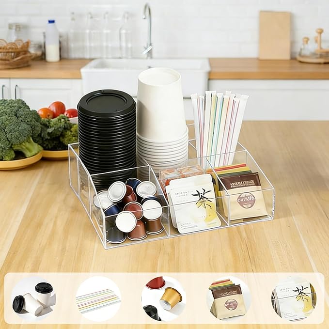 Acrylic Coffee Bar Station Organizer for Countertop Office Breakroom, Clear Tea Snack Storage Coffee Capsule Pod Holder for Kcup Condiment Sugar Creamer Syrup, Easter Gift for Coffee Lovers
