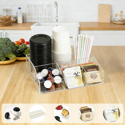 Acrylic Coffee Bar Station Organizer for Countertop Office Breakroom, Clear Tea Snack Storage Coffee Capsule Pod Holder for Kcup Condiment Sugar Creamer Syrup, Easter Gift for Coffee Lovers