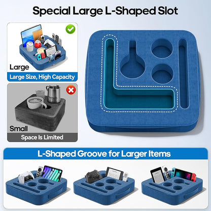Couch Cup Holder Tray, Couch Caddy for Drink, Snack, Phone, Remote, Ipad, Game Controller, Large-size Sofa Cup Holder for Bed, Sofa, Car, Desk, Blue
