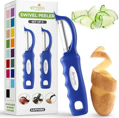Spring Chef Stainless Steel Swivel Vegetable Peeler for Kitchen, Dishwasher Safe Potato Peelers with Comfortable Handle & Sharp Blades, Great for Apple, Carrot, Veggie, Fruit - Set of 2 - Sapphire