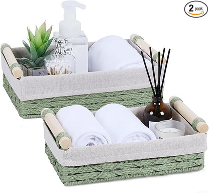Wicker Storage Basket with Wooden Handle – Paper Rope Decorative Toilet Paper Baskets & Bathroom Organizer for Toilet Tank Top, Shelves, Bedroom, Countertop,Home,Office Storage Bins, 2 Pack,Sage Green