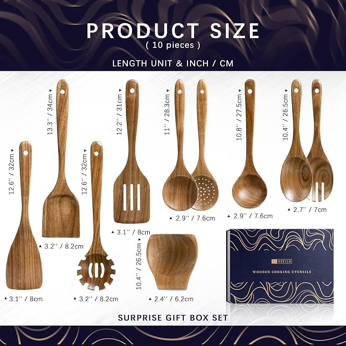 Wooden Spoons for Cooking, Nonstick Cooking Utensil Set with 9 Piece Acacia Wooden Spatulas and Spoons, as well as a Extra Whole Wood Spoon Rest, Terrific for Everyday Kitchen Tasks