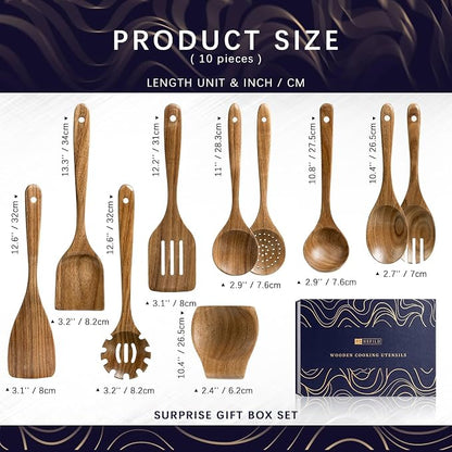 Wooden Spoons for Cooking, Nonstick Cooking Utensil Set with 9 Piece Acacia Wooden Spatulas and Spoons, as well as a Extra Whole Wood Spoon Rest, Terrific for Everyday Kitchen Tasks