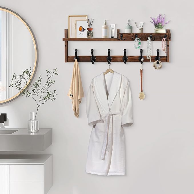 Coat Rack Wall Mount with Shelf, 27.5" Entryway Wall Hanging Shelf, Coat and Key Hanger with 10 Dual Hooks, Mail Organizer and Key Holder Hat Rack for Wall, Wood Coat Hooks with Storage