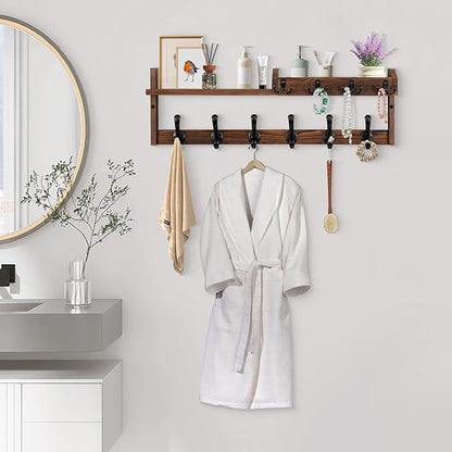 Coat Rack Wall Mount with Shelf, 27.5" Entryway Wall Hanging Shelf, Coat and Key Hanger with 10 Dual Hooks, Mail Organizer and Key Holder Hat Rack for Wall, Wood Coat Hooks with Storage
