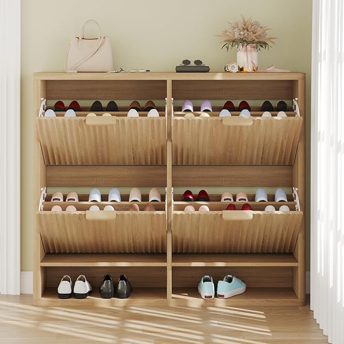 Shoe Storage Cabinet for Entryway with 4 Flip Drawers, 47.2" Large Modern Freestanding Shoe Organizer with Fluted Doors & Hidden Shoe Rack - Slim Enclosed Shoe Rack for Hallway (Oak)