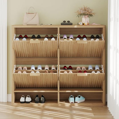 Shoe Storage Cabinet for Entryway with 4 Flip Drawers, 47.2" Large Modern Freestanding Shoe Organizer with Fluted Doors & Hidden Shoe Rack - Slim Enclosed Shoe Rack for Hallway (Oak)