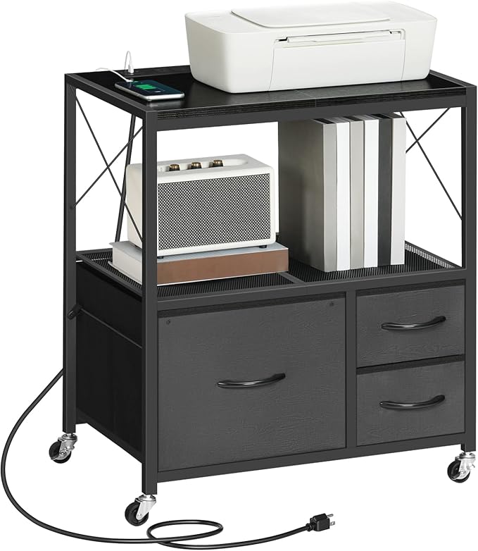 MAHANCRIS File Cabinet with Charging Station, 3 Drawer Lateral Filing Cabinet for Home Office, Mobile Printer Stand with Open Shelf, Fits A4/Letter Size File, Nonwovens Drawer, Black FCHB98E01