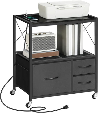 MAHANCRIS File Cabinet with Charging Station, 3 Drawer Lateral Filing Cabinet for Home Office, Mobile Printer Stand with Open Shelf, Fits A4/Letter Size File, Nonwovens Drawer, Black FCHB98E01