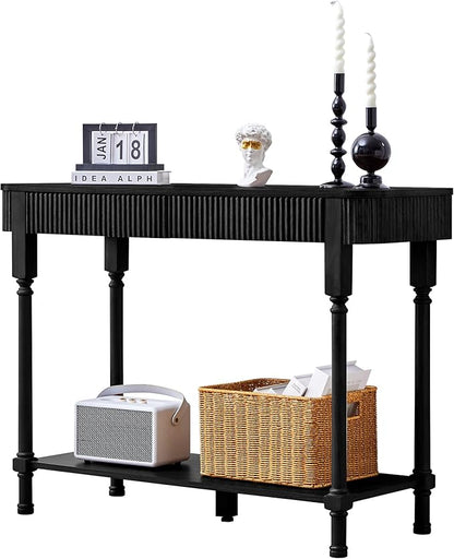 Fluted Console Table for Entryway, 43.3'' Narrow Entryway Tables with 2 Wooden Drawers, Retro Sofa Table Slim Behind Couch Accent Tables for Foyer, Living Room, Hallway (Black)