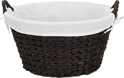 Household Essentials Round Wicker Laundry Basket with Handles, Whimsical Water Hyacinth Basket, Supportive Metal Frame, Removable Polyester Liner, Handwoven, Well-Structured and Versatile, Brown
