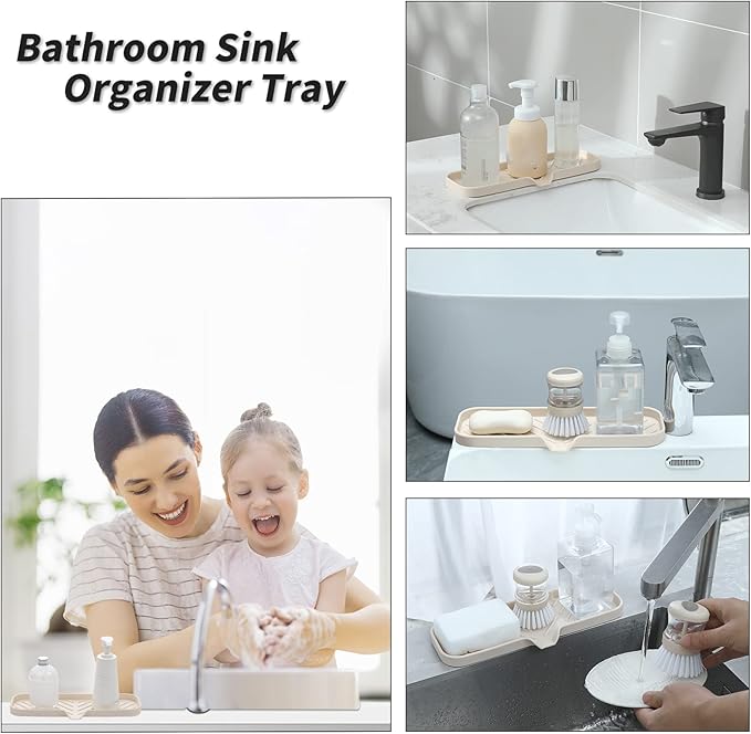 MicoYang Silicone Soap Dish with Drain Spout — Self-Draining Double Sink Organizer Tray for Kitchen & Bathroom, Dispensers, Sponges & Soap Holder, Non-Slip & Dishwasher Safe, Tapioca (Large, 12"×4")