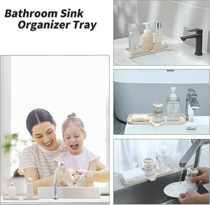 MicoYang Silicone Soap Dish with Drain Spout — Self-Draining Double Sink Organizer Tray for Kitchen & Bathroom, Dispensers, Sponges & Soap Holder, Non-Slip & Dishwasher Safe, Tapioca (Large, 12"×4")