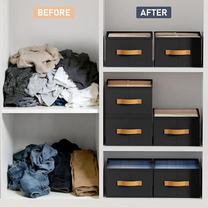 DIMJ Wardrobe Clothes Organizer - 4/5/7 Grids Foldable Closet Drawer Organizer Dividers for Jeans, Pants, Sweater, T Shirt, Storage Bins with Handles for Shelf
