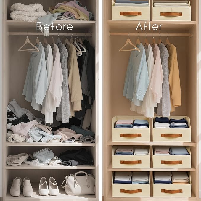 Homsorout Fabric Storage Bins for Organizing - 10 Pack Large Trapezoid Collapsible Storage Bins with Front Handle, Closet Organizers and Storage for Bedroom, Home Shelves, Small Spaces, Beige