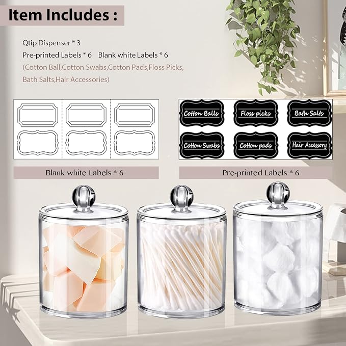 SheeChung 3-Pack Clear Acrylic Qtip Holder with Labels – Shatterproof Plastic Apothecary Jars for Bathroom Organization – Vanity Cotton Swab Holder Canisters for Cotton Balls,Pads,Floss Picks