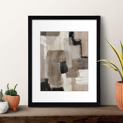 ArtbyHannah 11x14 Inch Black Framed Abstract Wall Art Set of 3 with Brown Black Tan Blocks for Wall Decor, Extra Art Prints of Botanical Included