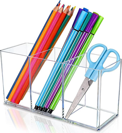 Acrylic Pen Holder for Desk, Plastic Pencil Holder for Desk, Small Desk Organizer for Home, Office, Classroom, Bathroom, Makeup Brush Organizer, Teacher Accessories(Clear)