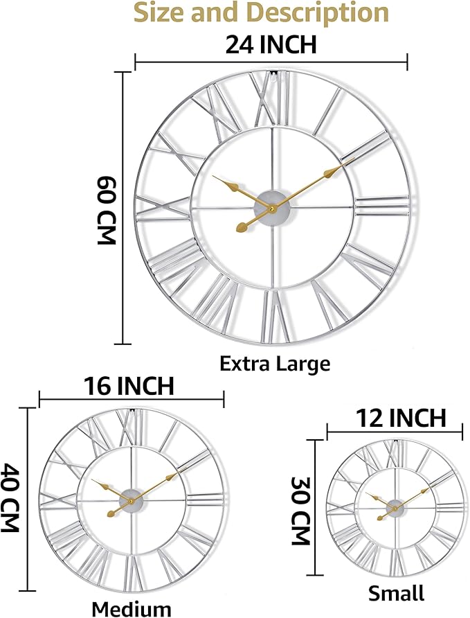 Sorbus Large Wall Clock for Living Room Decor - 16 inch Big Wall Clock Decorative - Battery Operated - Roman Numeral Analog Large Clock for Bedroom, Room, Home, Kitchen, Office, Wall Decor (Silver)