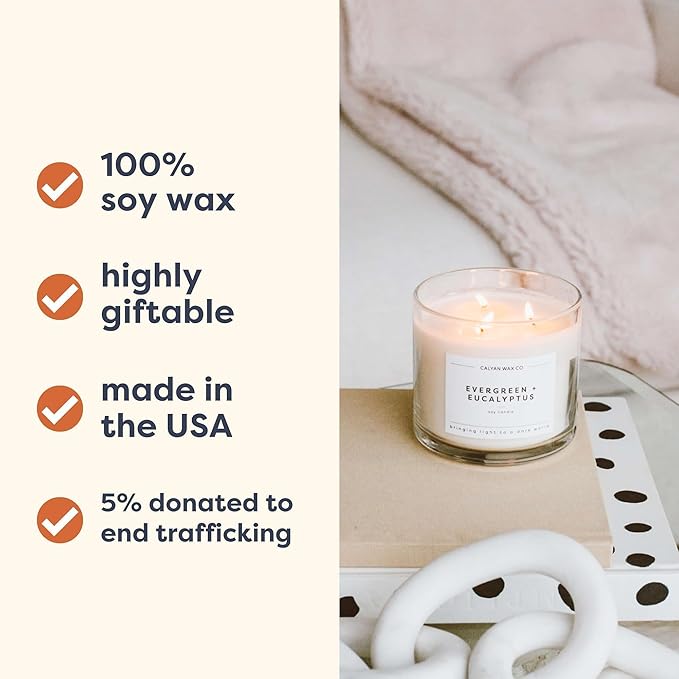 Calyan Wax Co. Evergreen & Eucalyptus 3 Wick Scented Candle - 43 Hour Burn - Luxury 3 Wick Soy Candles - Non Toxic Soy Wax Candles - Long Lasting Large Glass Jar Candle for Home - 14.9oz