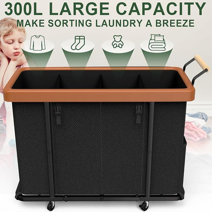 300L (70 Gal) Extra Large Fashion Laundry Sorter 4 Section with Lid, Rolling Basket Hamper with Handle, Organizer Storage Cart with Sturdy Metal Frame for Laundry Room (Black-4 Section, 300L)