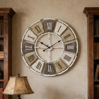 Distressed Metal Wall Clock 16 Inch, Industrial Vintage Roman Numerals, Weathered Iron Frame Farmhouse Office Cafe Decor