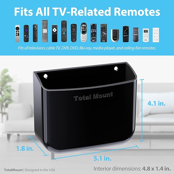TotalMount Hole-Free Remote Holder – Eliminates Need to Drill Holes in Your Wall (for 2 or 3 Remote Controls – Black – Quantity 1)
