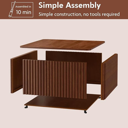 Fluted Square Coffee Table with Storage Large Wood Center Table with Solid Wood Veneer Top Mid Century Modern Low Coffee Table for Living Room, Rustic Brown
