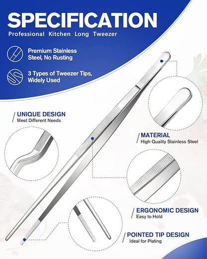 Fine Cooking Tweezers Set, Professional Stainless Steel Food Tongs, Kitchen Black Long Chef Tweezer for Cooking, Plating, Decorating and BBQ (SILVER, 12 inch)