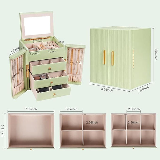 Dajasan Large Jewelry Box Organizer, Jewelry Storage Organizer with 3 Drawers, Huge Jewelry Box with Mirror for Women Girls, Double Door, Textured PU Leather, Gift Idea, Stylish (Green + Gold)
