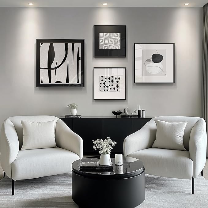 4 Piece Framed Modern Black and White Wall Art Set, Large Minimalist Abstract Canvas Picture Artwork Decor, Contemporary Line Gray Prints Painting for Living Room Hallway Bedroom Office