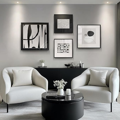 4 Piece Framed Modern Black and White Wall Art Set, Large Minimalist Abstract Canvas Picture Artwork Decor, Contemporary Line Gray Prints Painting for Living Room Hallway Bedroom Office