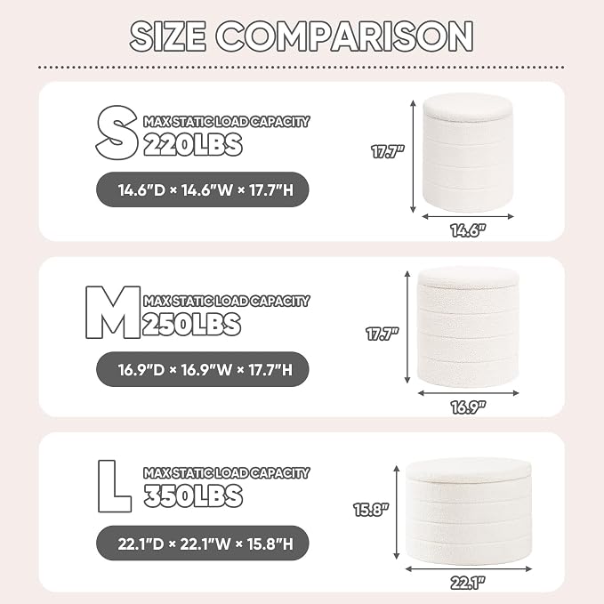 PINPLUS Round Storage Ottoman Foot Rest Stool with Tray Velvet Sherpa Folding Storage Ottoman,Boucle Foot Rest for Living Room, Bedroom, Dorm,White Color
